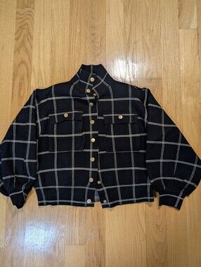 Oliver.o  Womens M Black Windowpane Plaid Cropped Snap Front Jacket Gold Buttons
